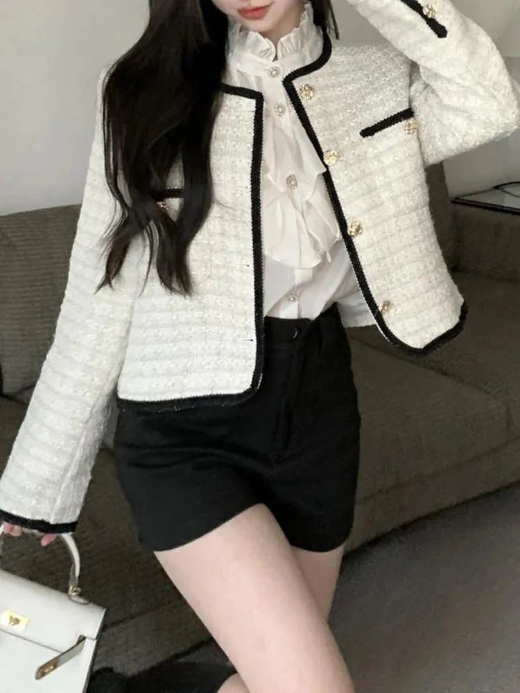 2024 Style Vintage Elegant Lady Tweed Jackets Pink Long Sleeve Suit Coat Women Autumn Winter Short Black Blazers Female D67