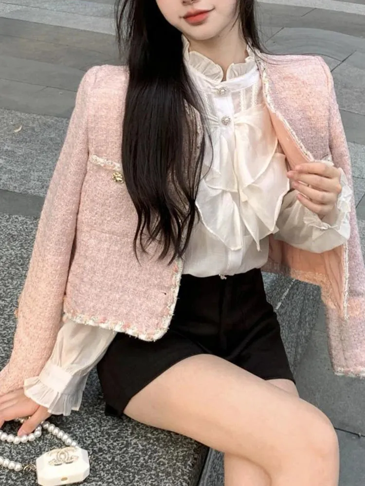 2024 Style Vintage Elegant Lady Tweed Jackets Pink Long Sleeve Suit Coat Women Autumn Winter Short Black Blazers Female D67