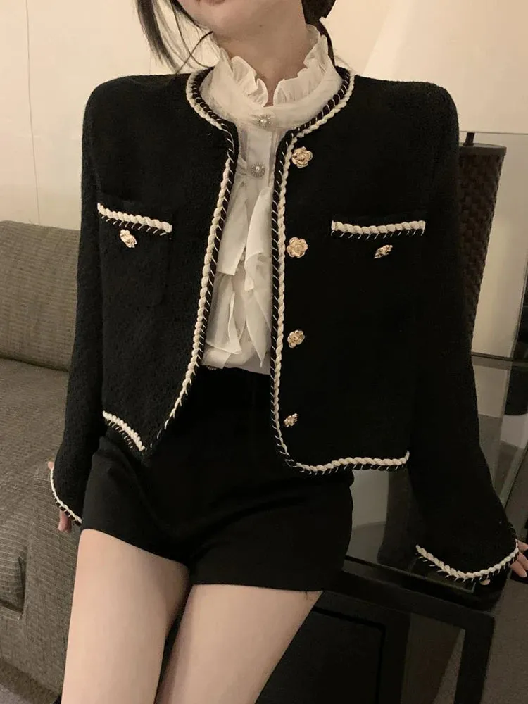 2024 Style Vintage Elegant Lady Tweed Jackets Pink Long Sleeve Suit Coat Women Autumn Winter Short Black Blazers Female D67