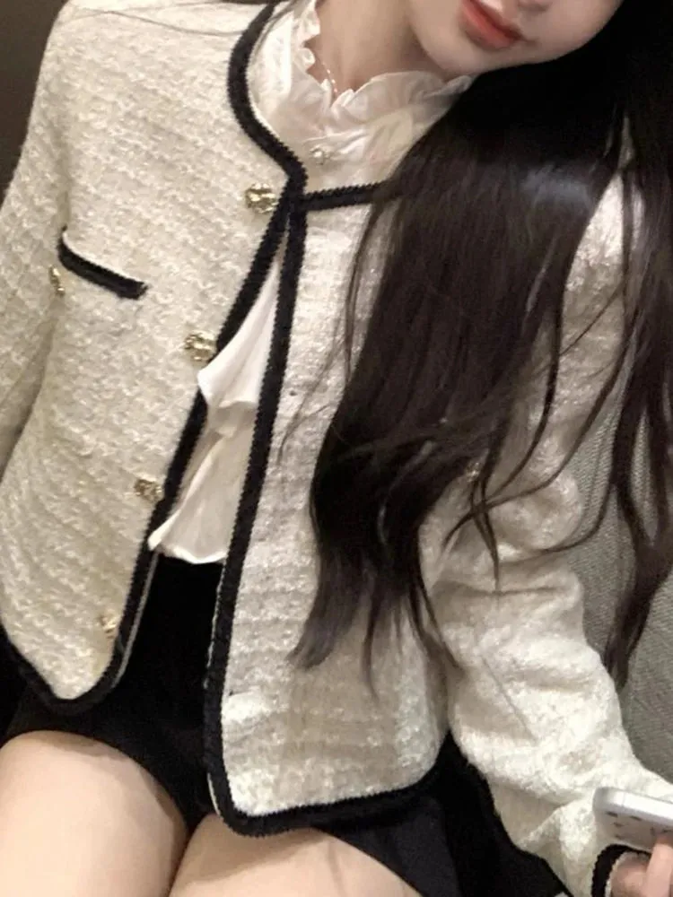 2024 Style Vintage Elegant Lady Tweed Jackets Pink Long Sleeve Suit Coat Women Autumn Winter Short Black Blazers Female D67