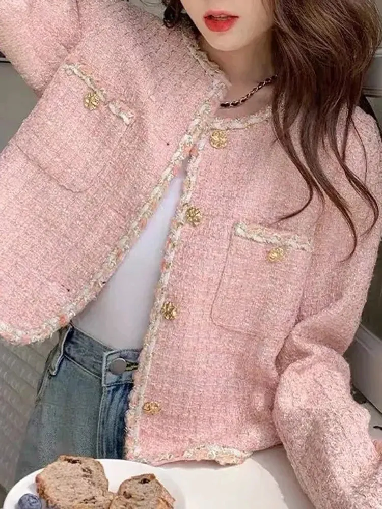 2024 Style Vintage Elegant Lady Tweed Jackets Pink Long Sleeve Suit Coat Women Autumn Winter Short Black Blazers Female D67