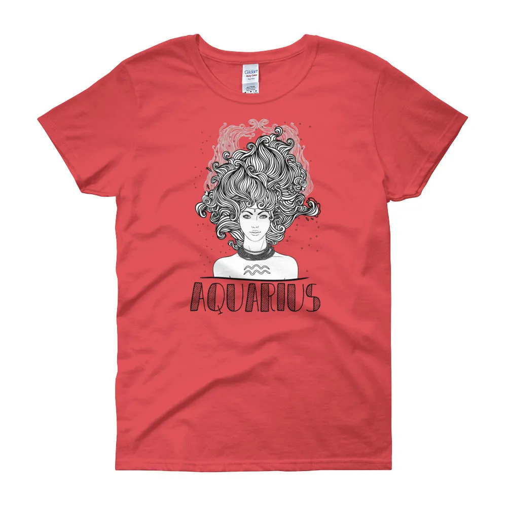 Aquarius T Shirt Zodiac Coral Silk Cotton T-Shirt for Women