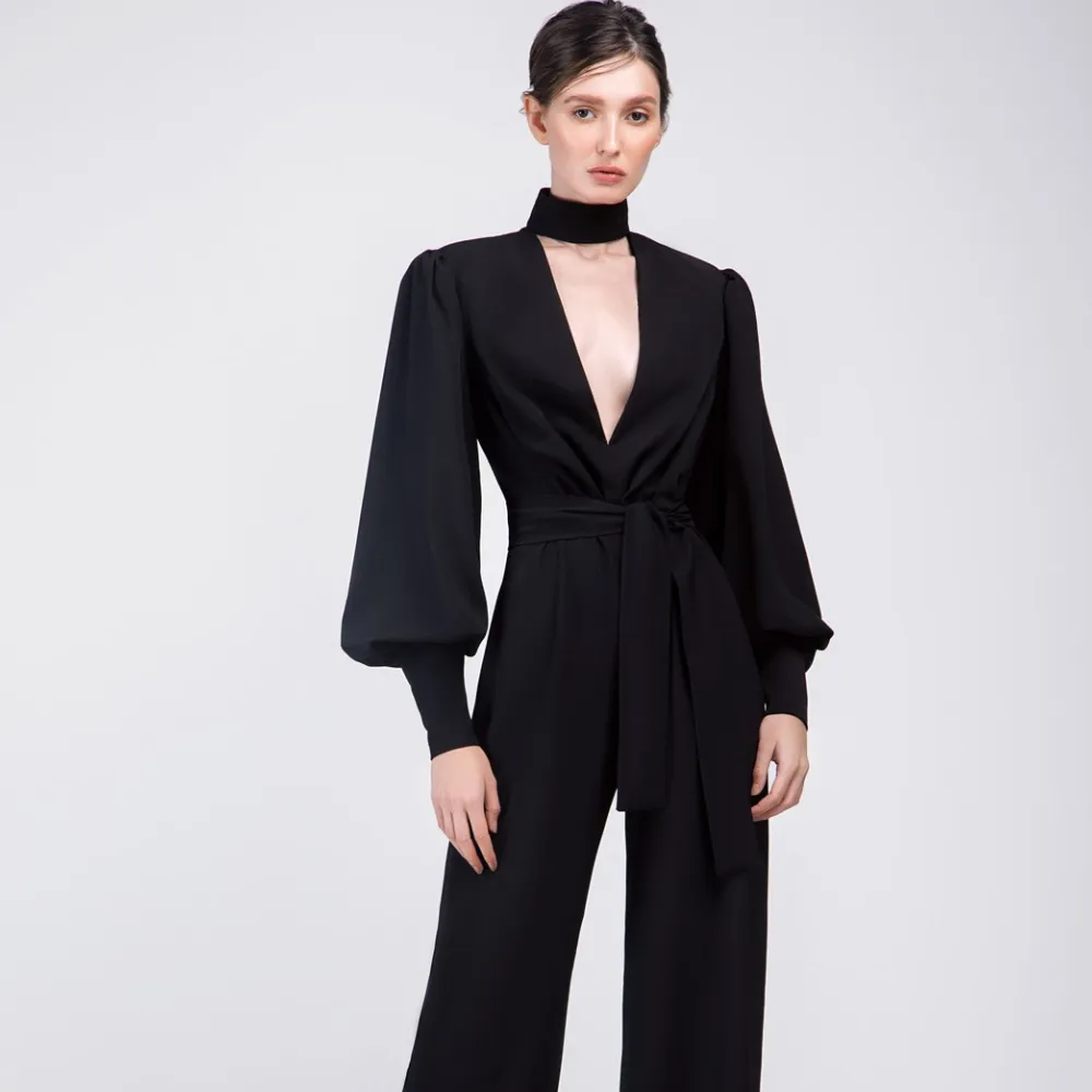 Black Crepe Jumpsuit With Long Sleeves
