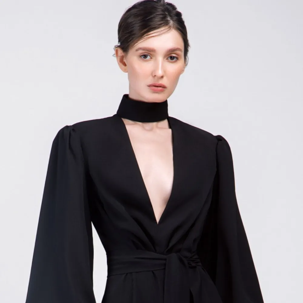 Black Crepe Jumpsuit With Long Sleeves