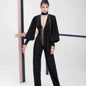 Black Crepe Jumpsuit With Long Sleeves