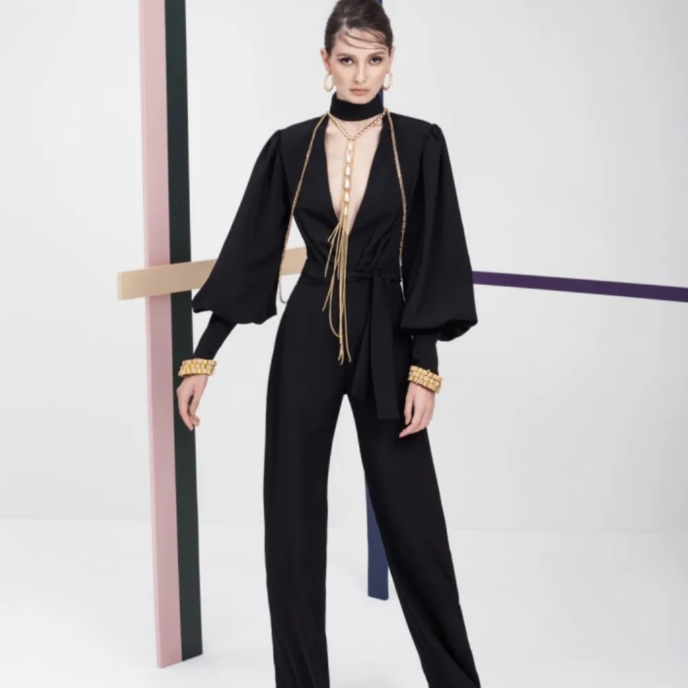 Black Crepe Jumpsuit With Long Sleeves