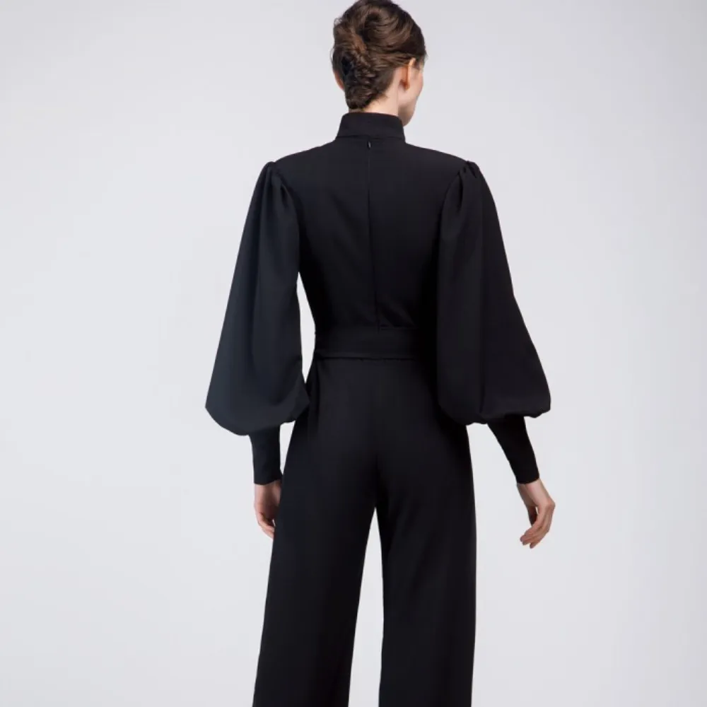 Black Crepe Jumpsuit With Long Sleeves