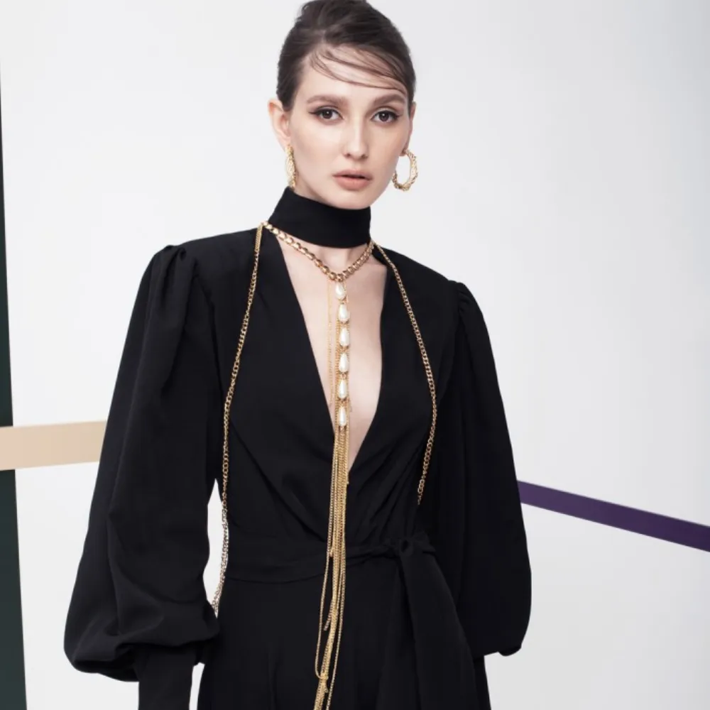 Black Crepe Jumpsuit With Long Sleeves