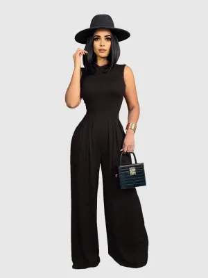 Black Solid Wide Leg Jumpsuit