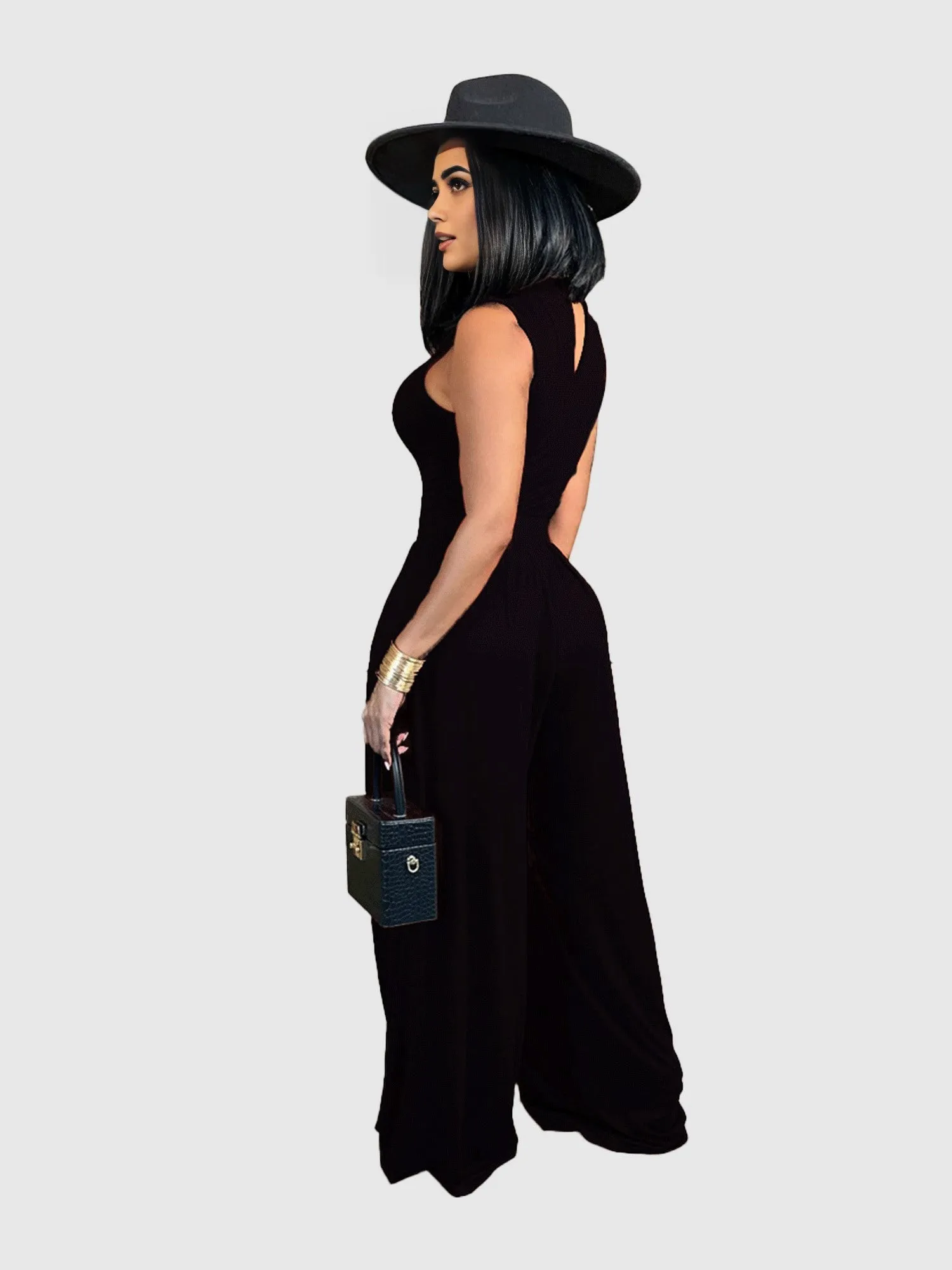Black Solid Wide Leg Jumpsuit