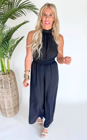 Black Wide Leg Woven Halter Jumpsuit**