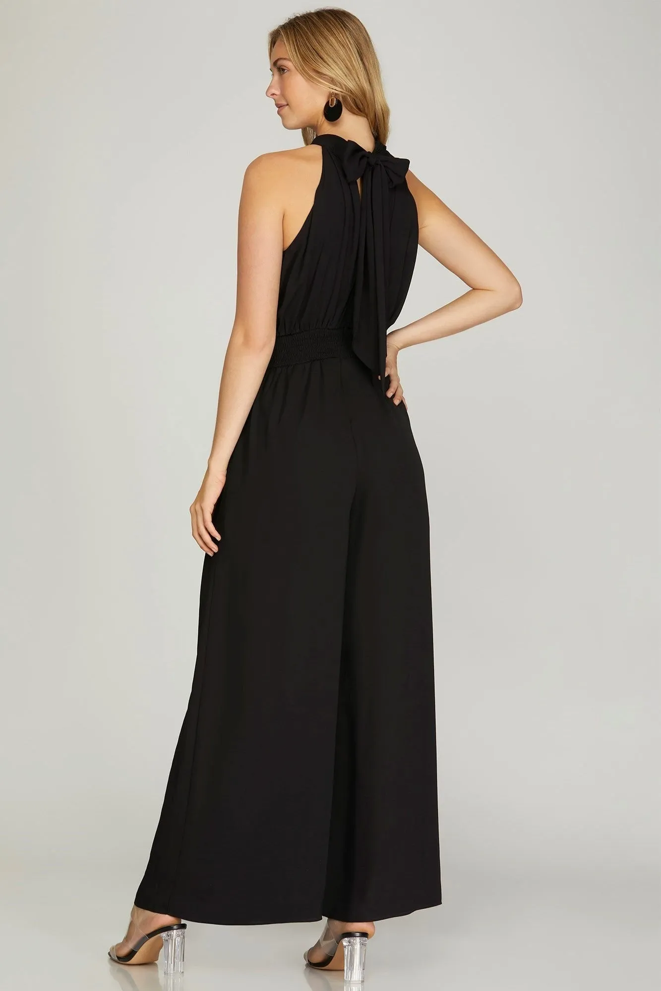 Black Wide Leg Woven Halter Jumpsuit**