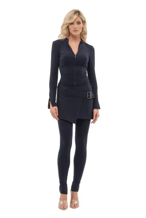 Blue Day Crewneck Long Sleeve Solid Color Jumpsuit with Belt-Skirt