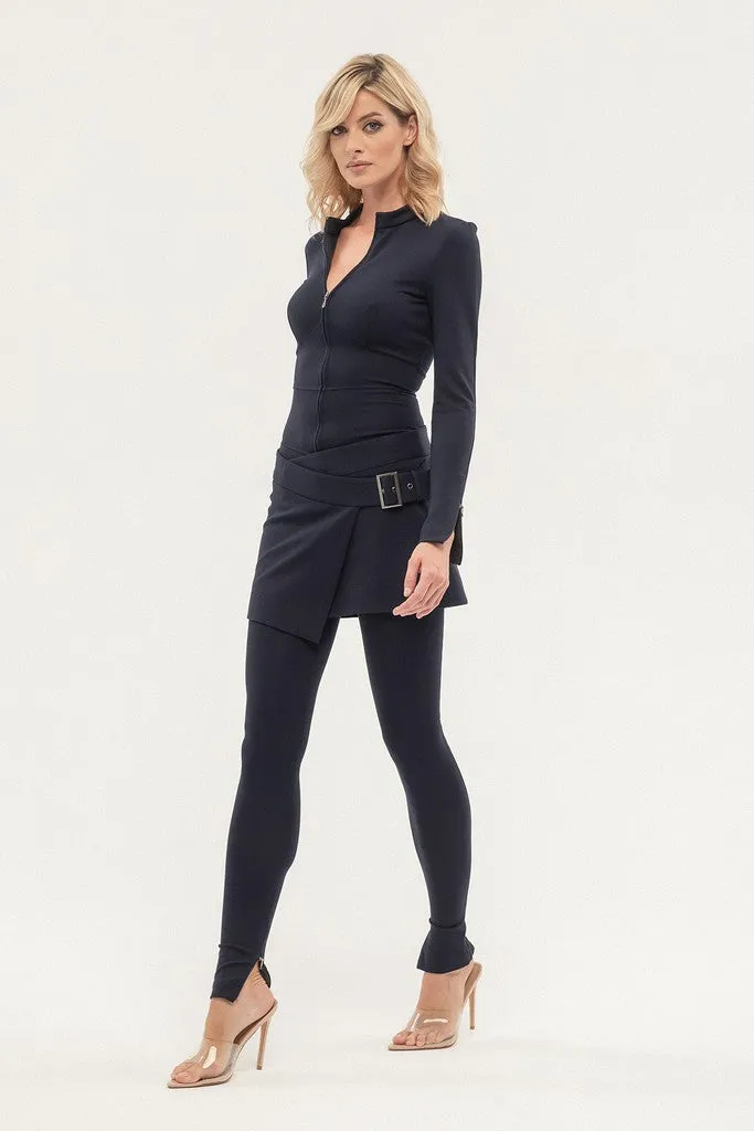 Blue Day Crewneck Long Sleeve Solid Color Jumpsuit with Belt-Skirt