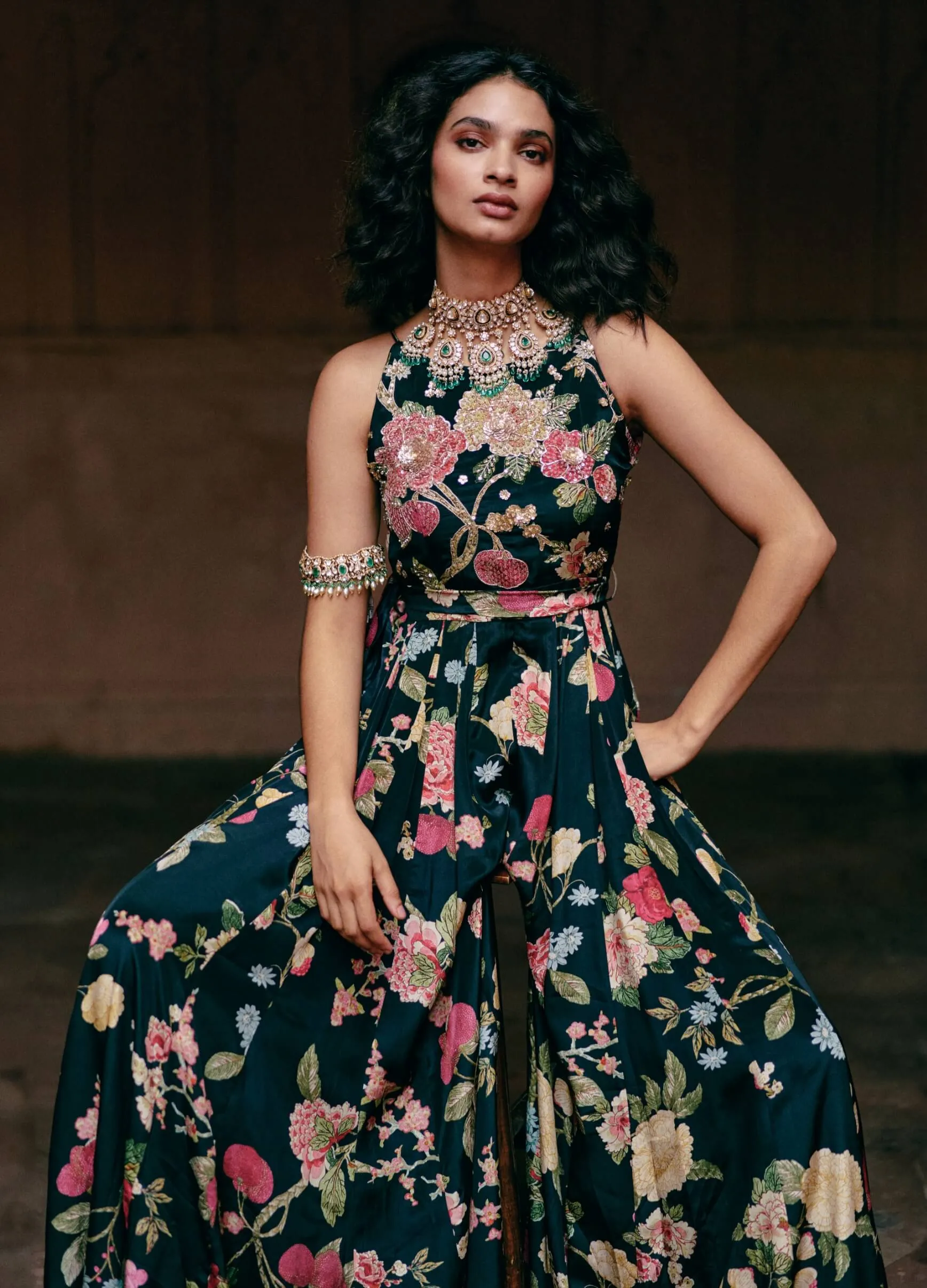 Blue floral printed jumpsuit