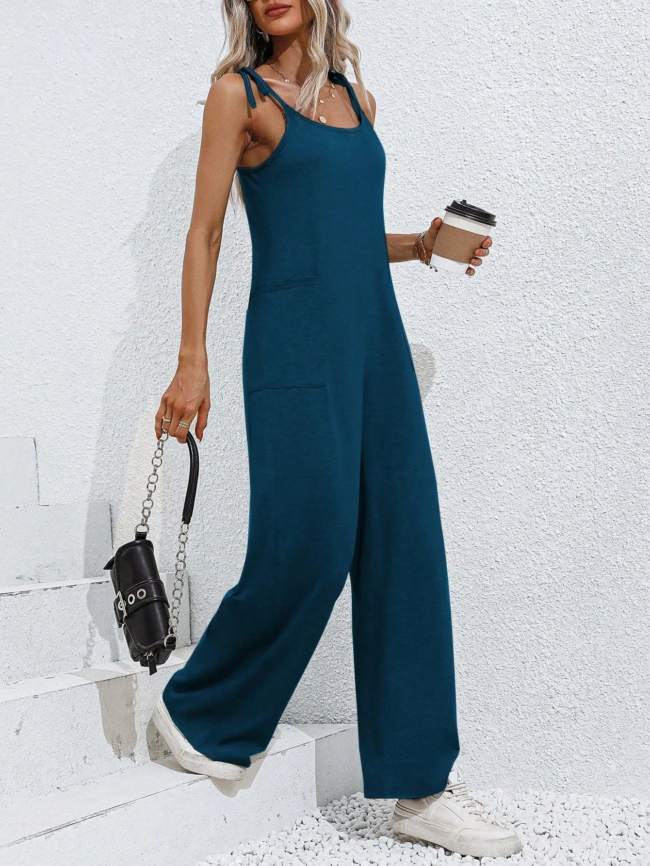 Blue Strappy Wide Leg Jumpsuit