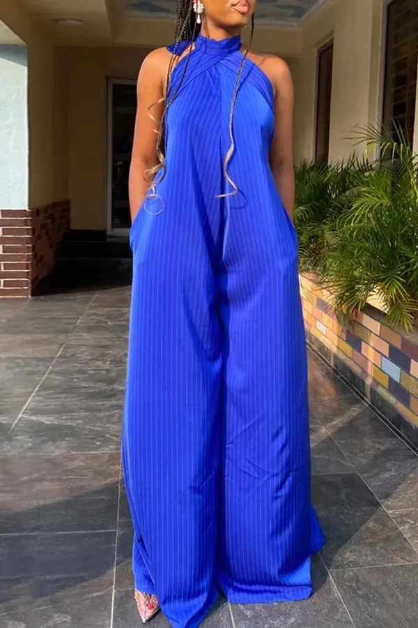 Blue Striped Print Sleeveless Backless Belted Casual Vacation Halter Wide Leg Jumpsuits