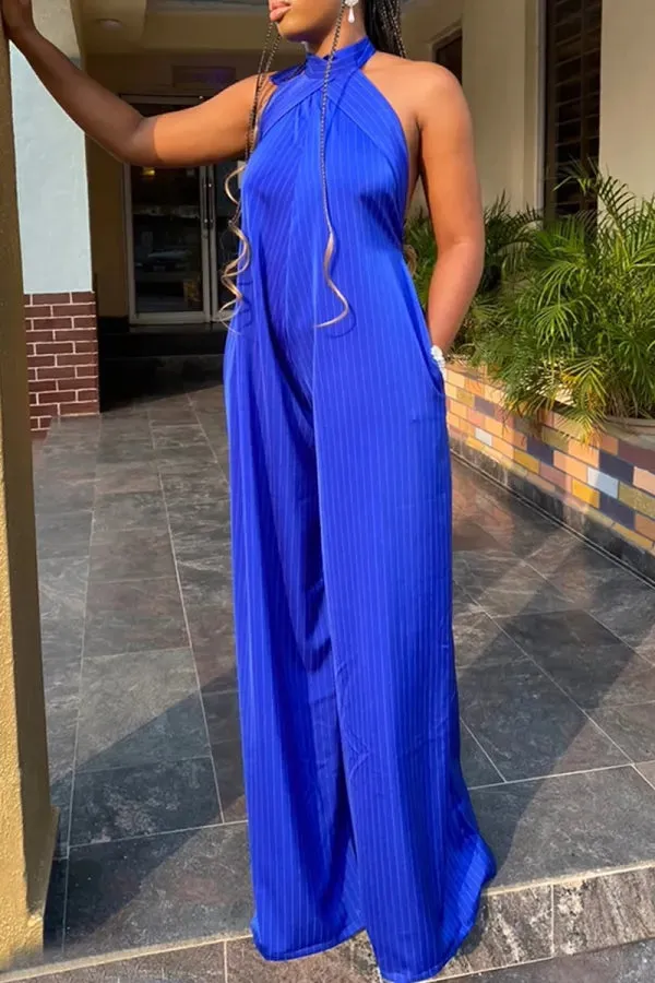Blue Striped Print Sleeveless Backless Belted Casual Vacation Halter Wide Leg Jumpsuits