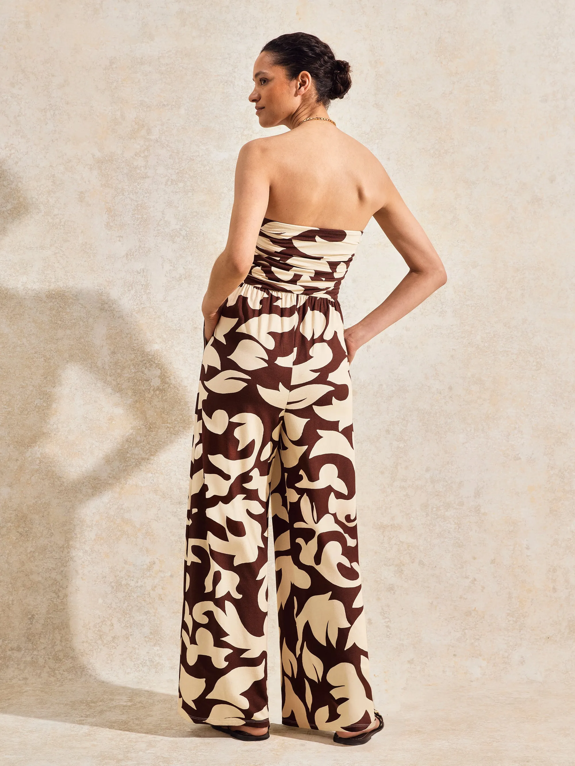 Brown And Cream Abstract-Print Bandeau Jumpsuit