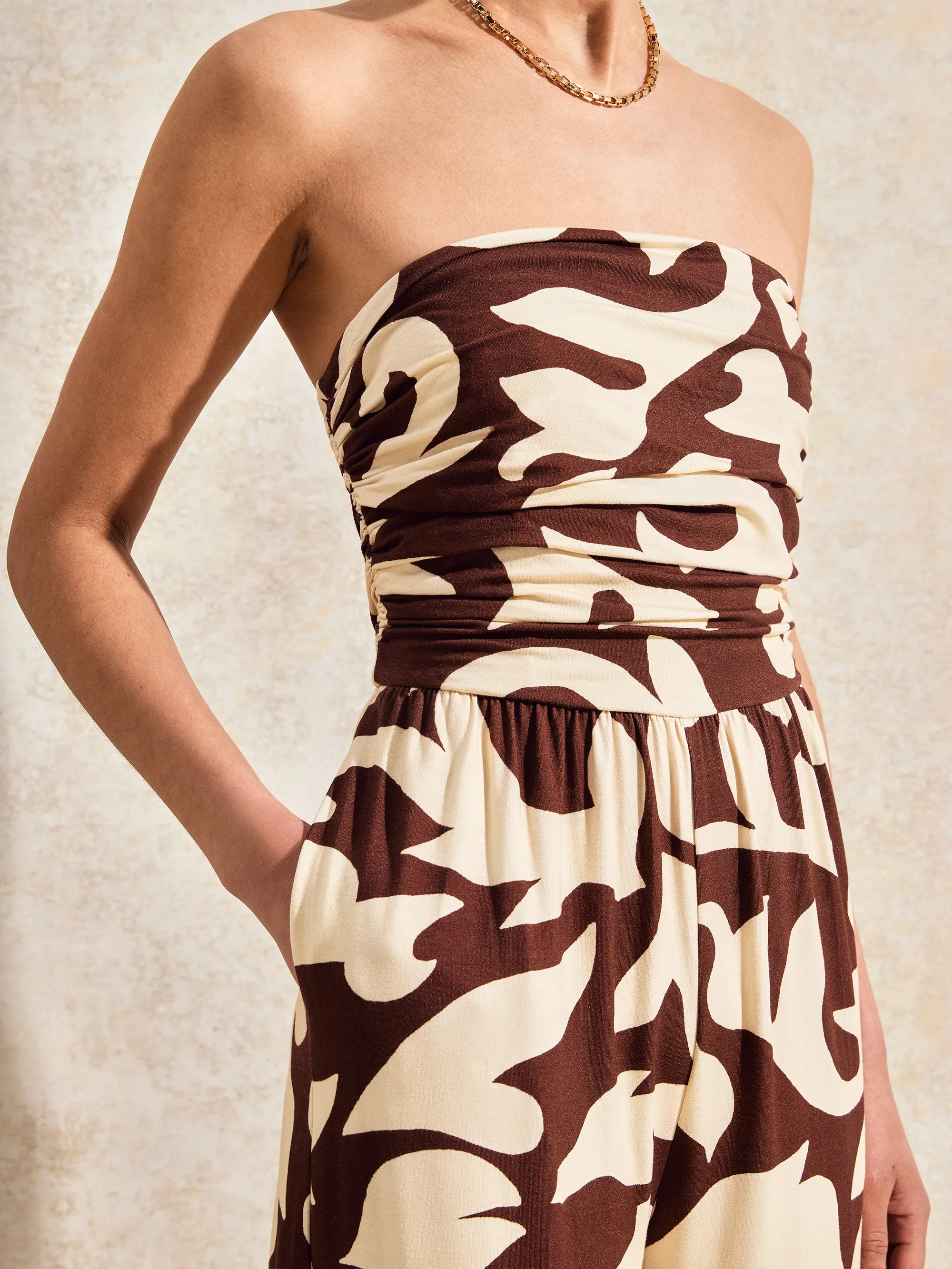 Brown And Cream Abstract-Print Bandeau Jumpsuit
