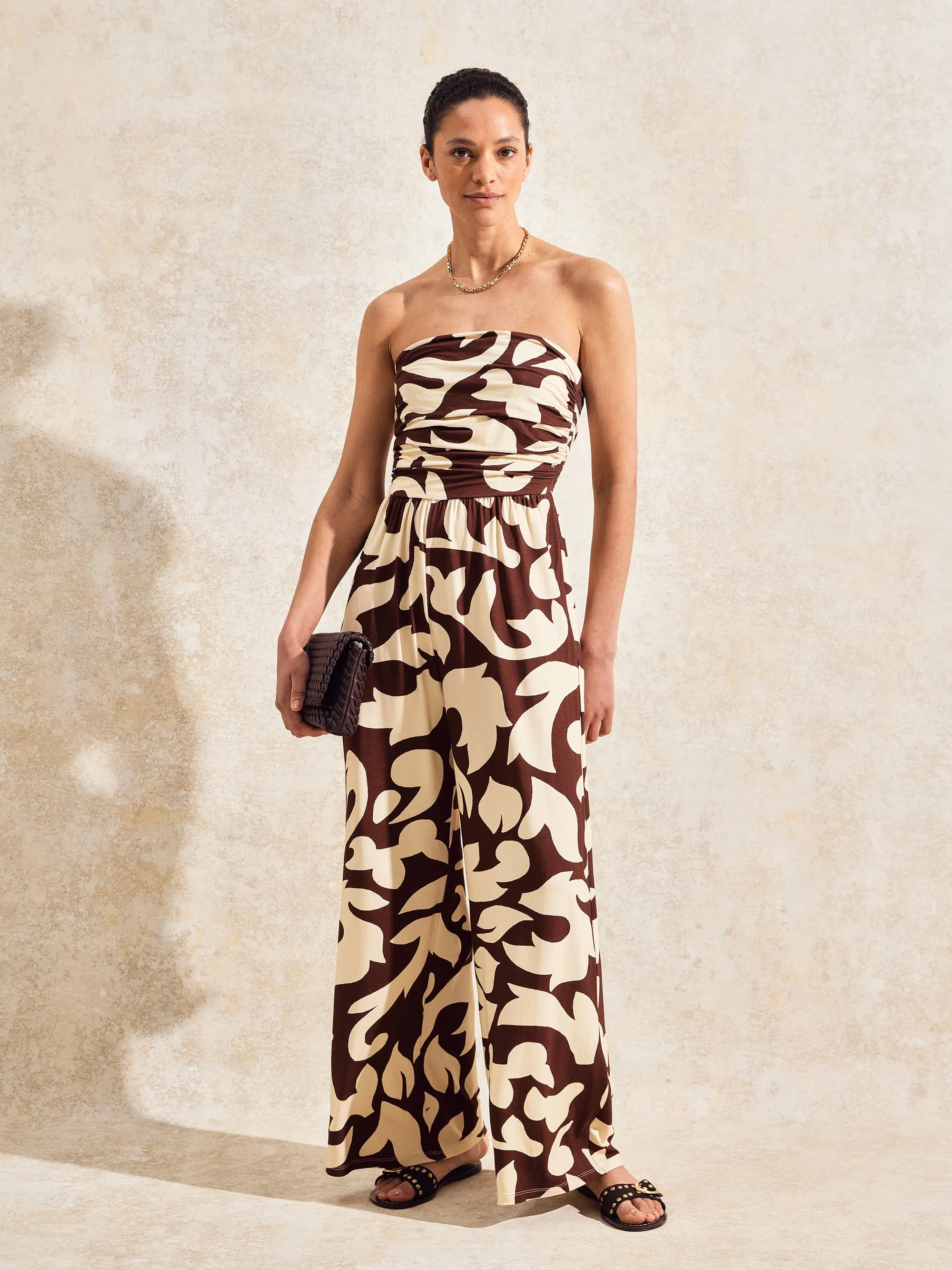 Brown And Cream Abstract-Print Bandeau Jumpsuit
