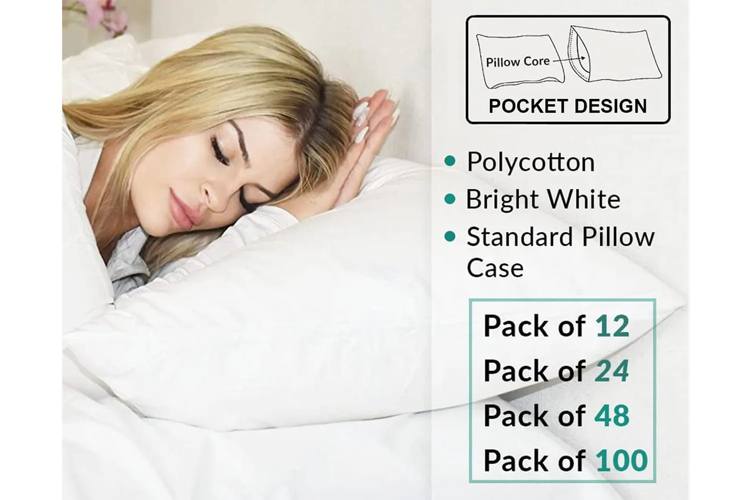 Bulk Pack of 100 Polycotton Pillowcase White T-200 Perfect for Physical Therapy Clinics, Hotels, Camps (100)