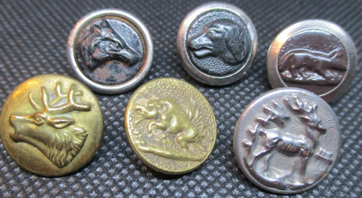Button Edwardian Metal Fox, Hound, Horse, Stag, Bird, Elk - Each Sold Separately