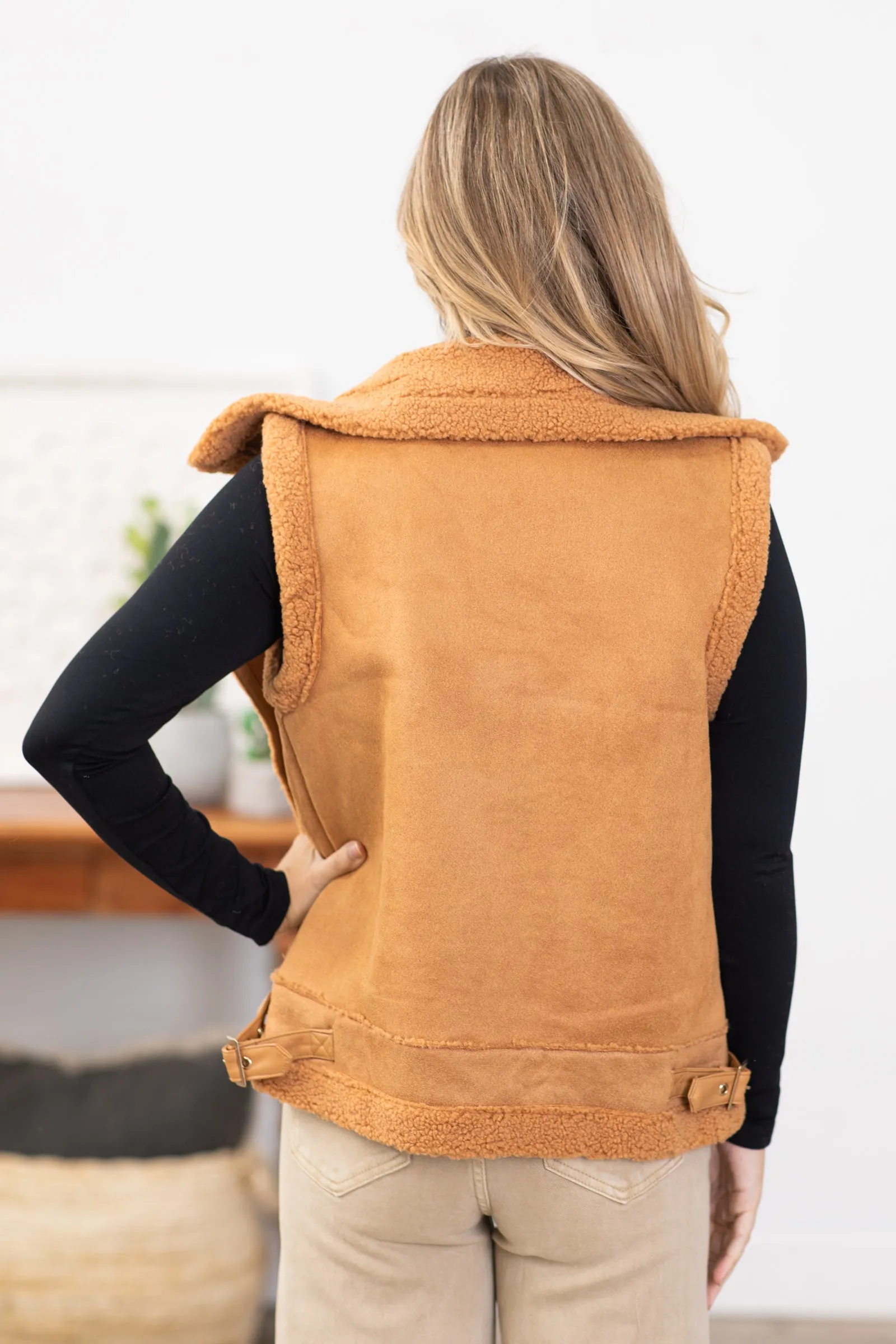 Camel Faux Suede Sherpa Lined Vest