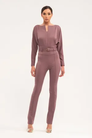 Cappuccino Office Solid Color Long Sleeve Squareneck Jumpsuit with Belt