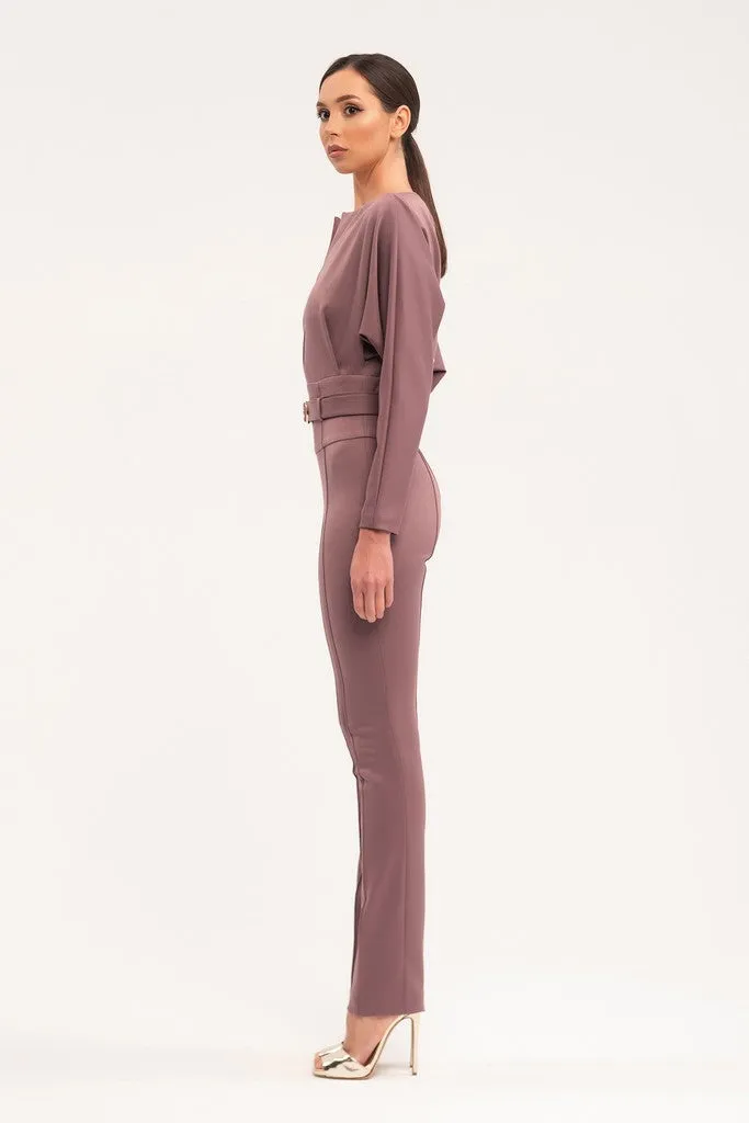 Cappuccino Office Solid Color Long Sleeve Squareneck Jumpsuit with Belt