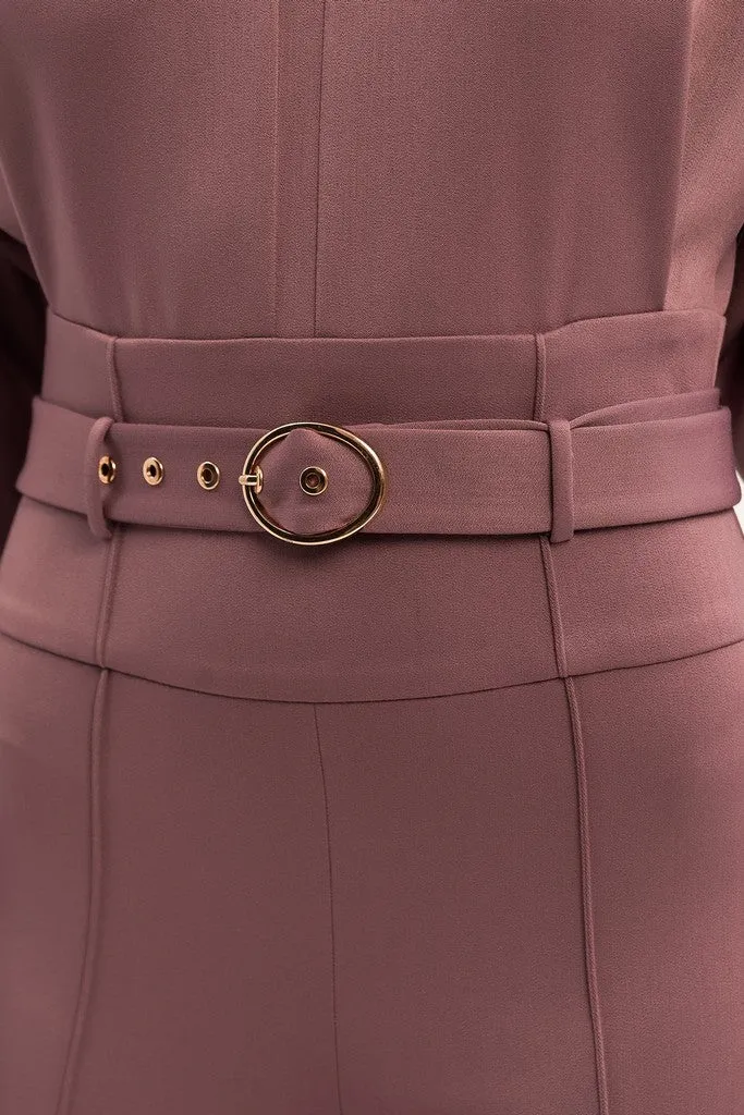 Cappuccino Office Solid Color Long Sleeve Squareneck Jumpsuit with Belt
