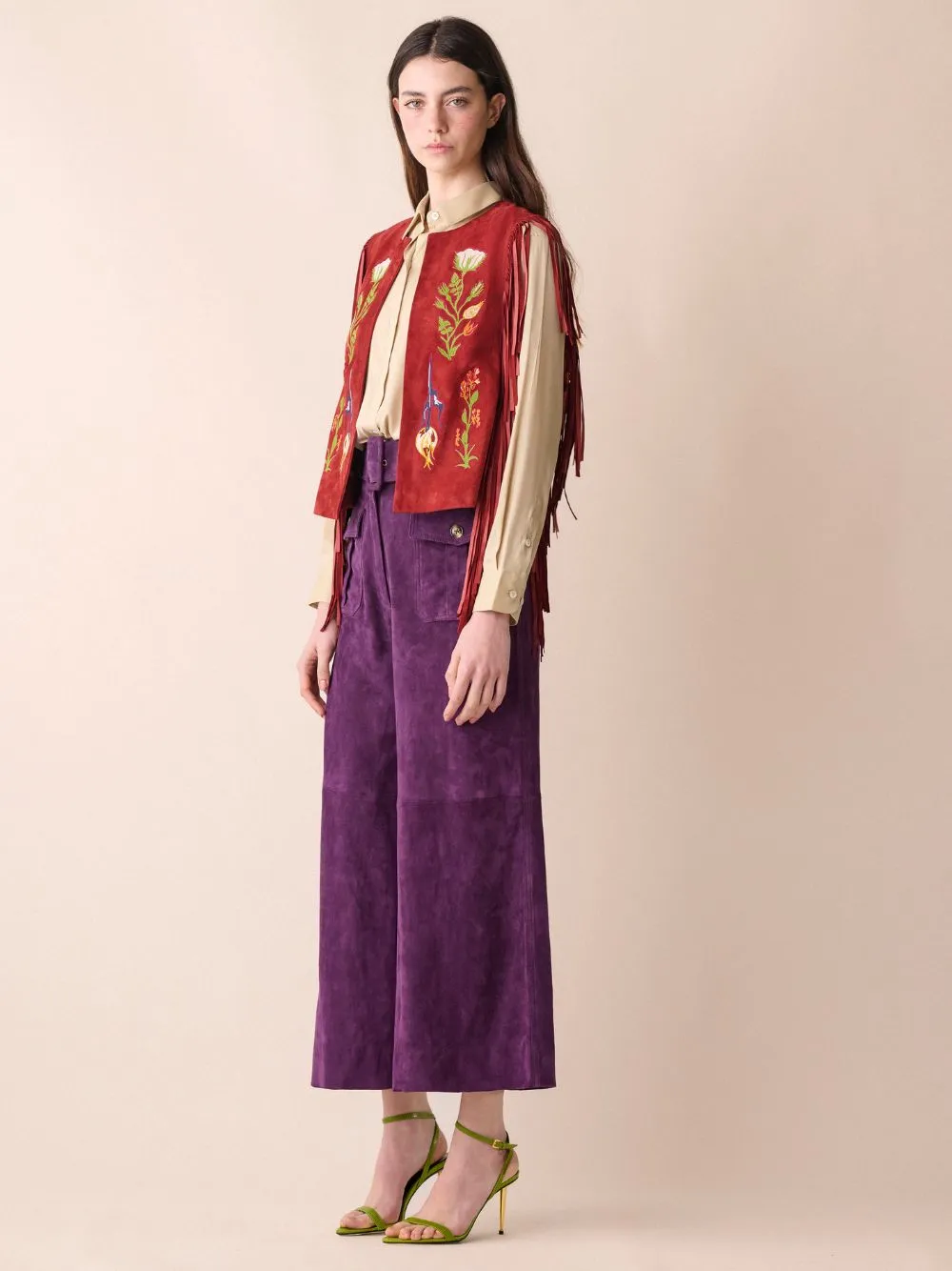Cassiopeia Embroidered Suede Vest with Fringes