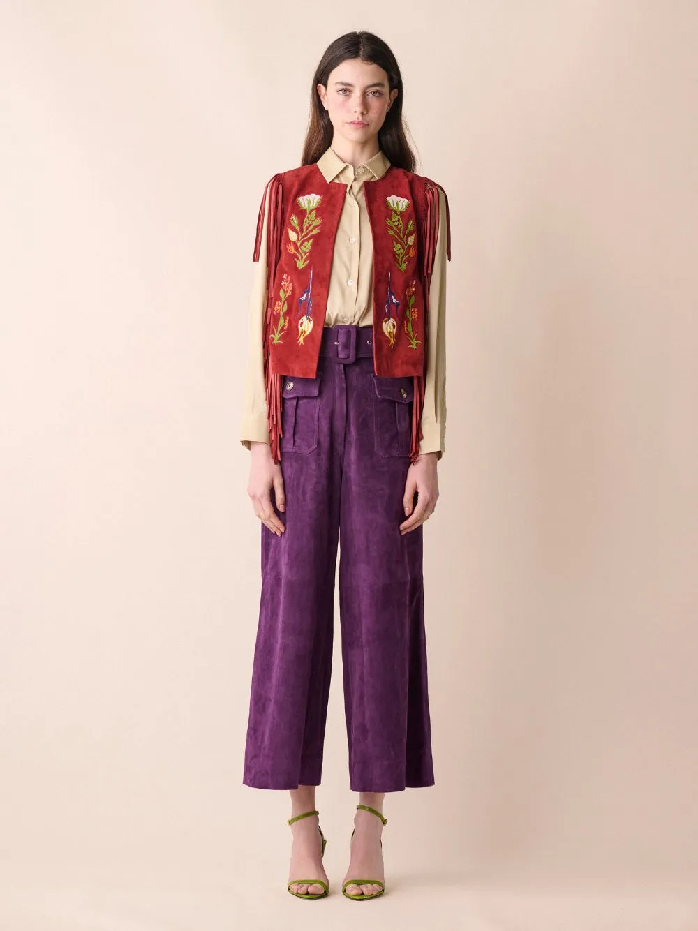 Cassiopeia Embroidered Suede Vest with Fringes