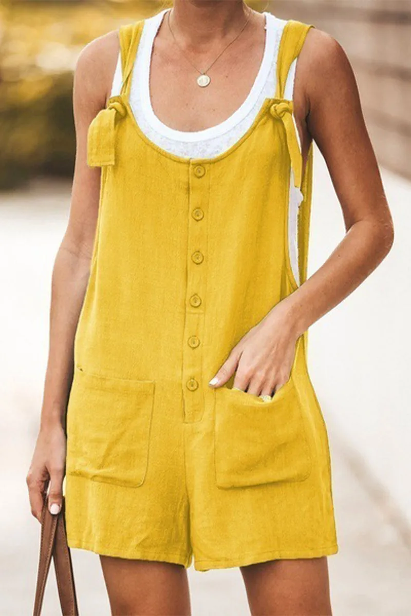 Casual Daily Solid Pocket Buttons U Neck Loose Jumpsuits