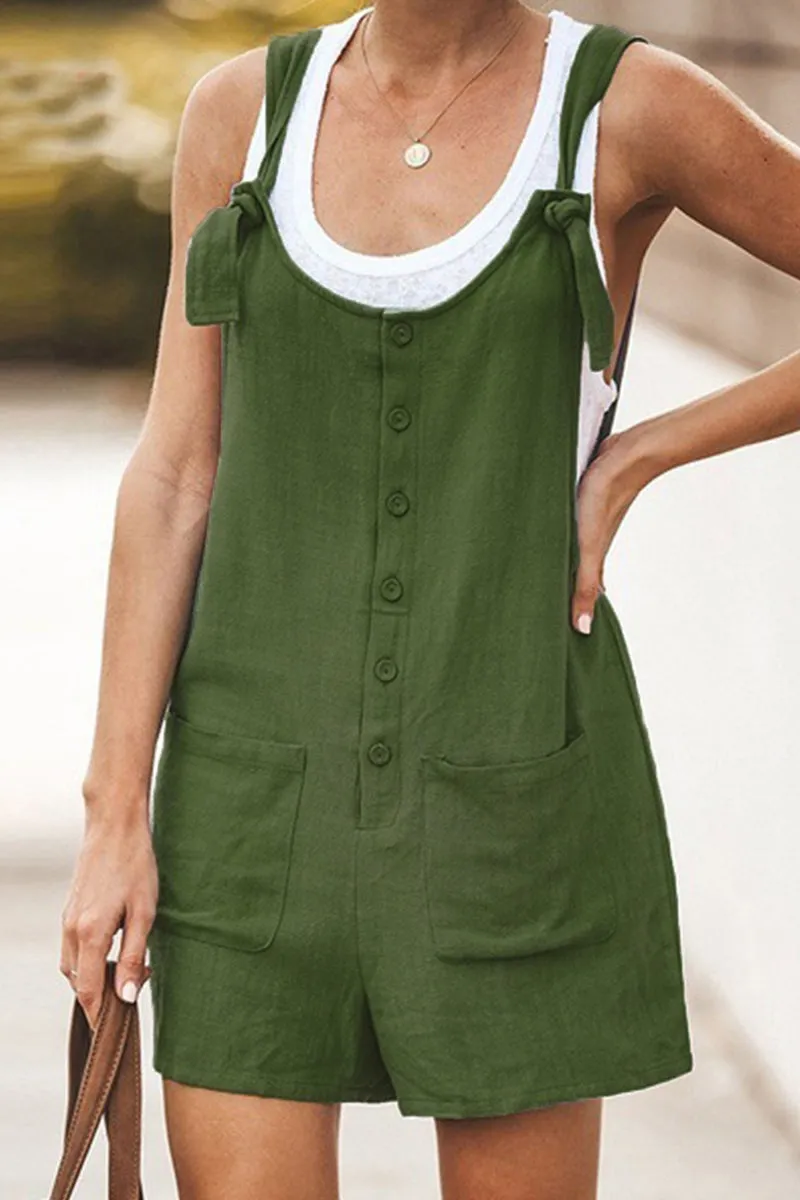 Casual Daily Solid Pocket Buttons U Neck Loose Jumpsuits