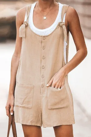 Casual Daily Solid Pocket Buttons U Neck Loose Jumpsuits