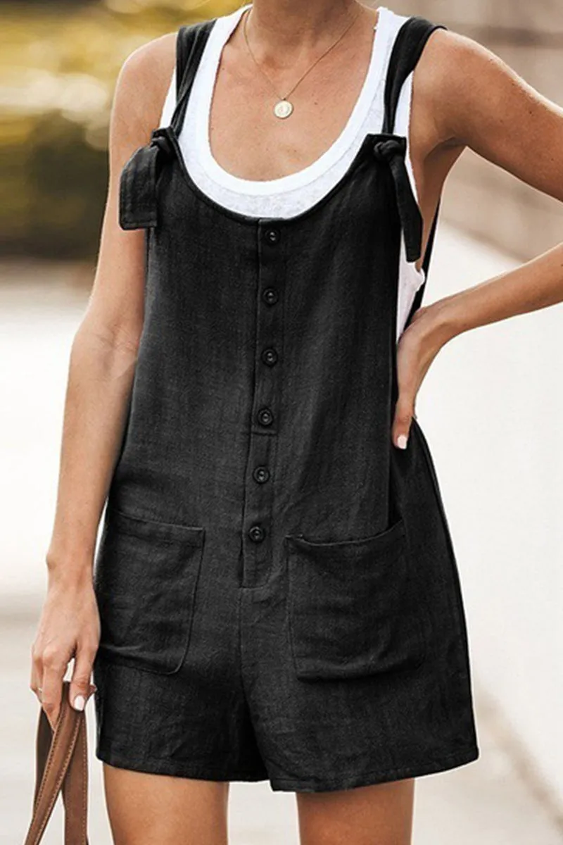 Casual Daily Solid Pocket Buttons U Neck Loose Jumpsuits