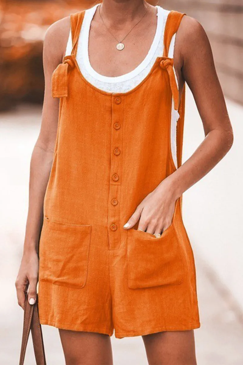 Casual Daily Solid Pocket Buttons U Neck Loose Jumpsuits
