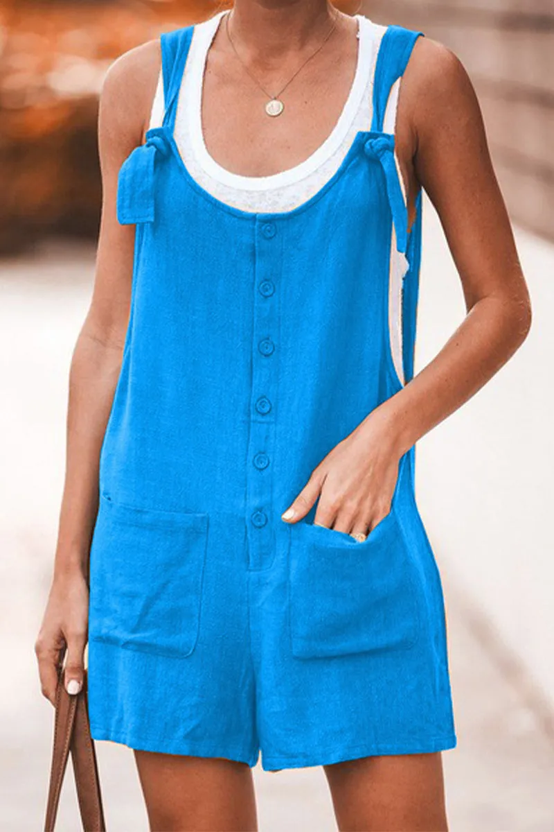 Casual Daily Solid Pocket Buttons U Neck Loose Jumpsuits