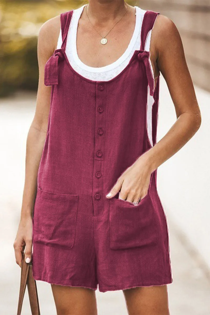 Casual Daily Solid Pocket Buttons U Neck Loose Jumpsuits