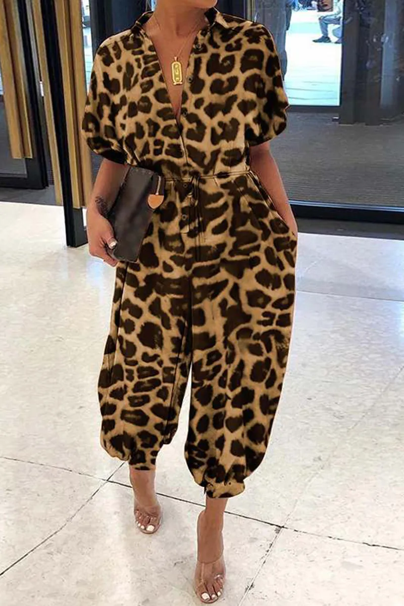 Casual Print Patchwork V Neck Harlan Jumpsuits