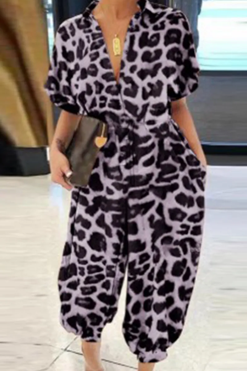 Casual Print Patchwork V Neck Harlan Jumpsuits