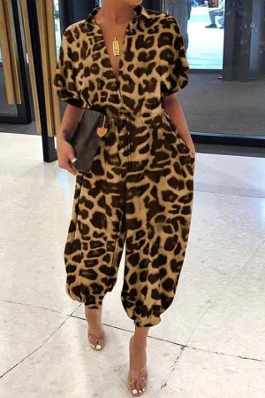Casual Print Patchwork V Neck Harlan Jumpsuits