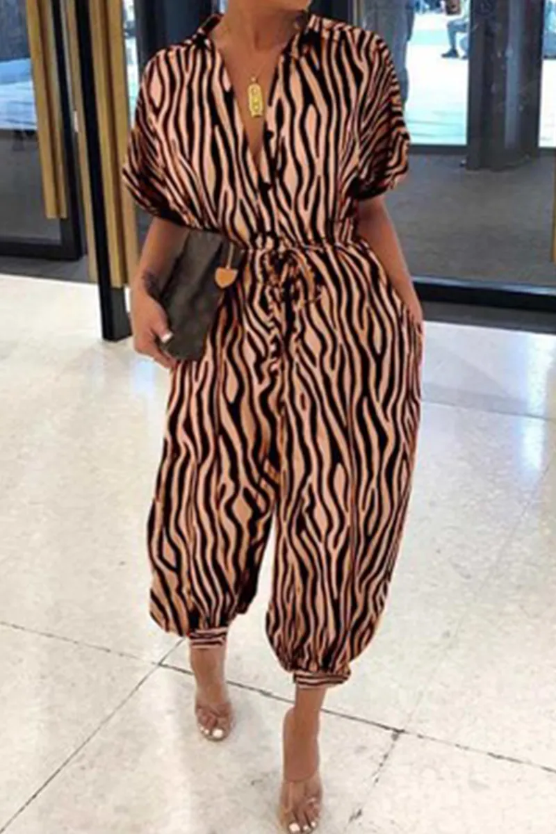 Casual Print Patchwork V Neck Harlan Jumpsuits