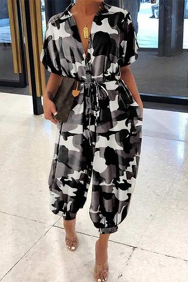 Casual Print Patchwork V Neck Harlan Jumpsuits