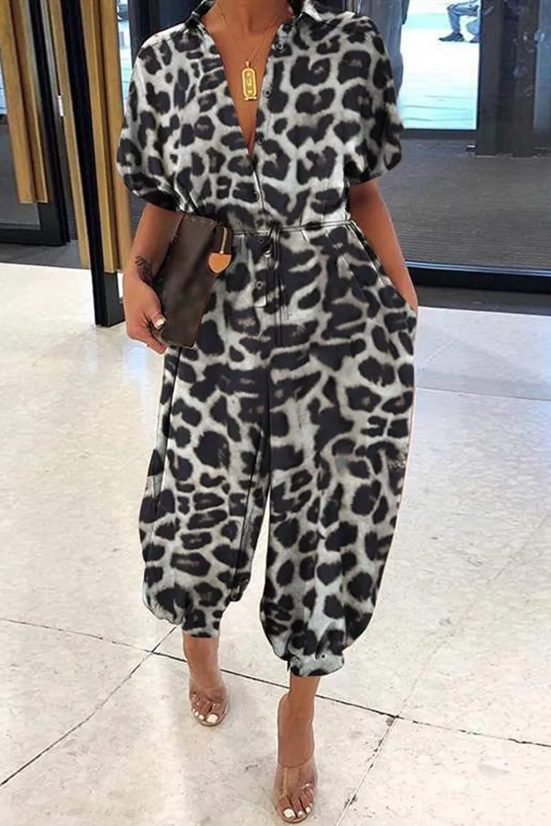 Casual Print Patchwork V Neck Harlan Jumpsuits