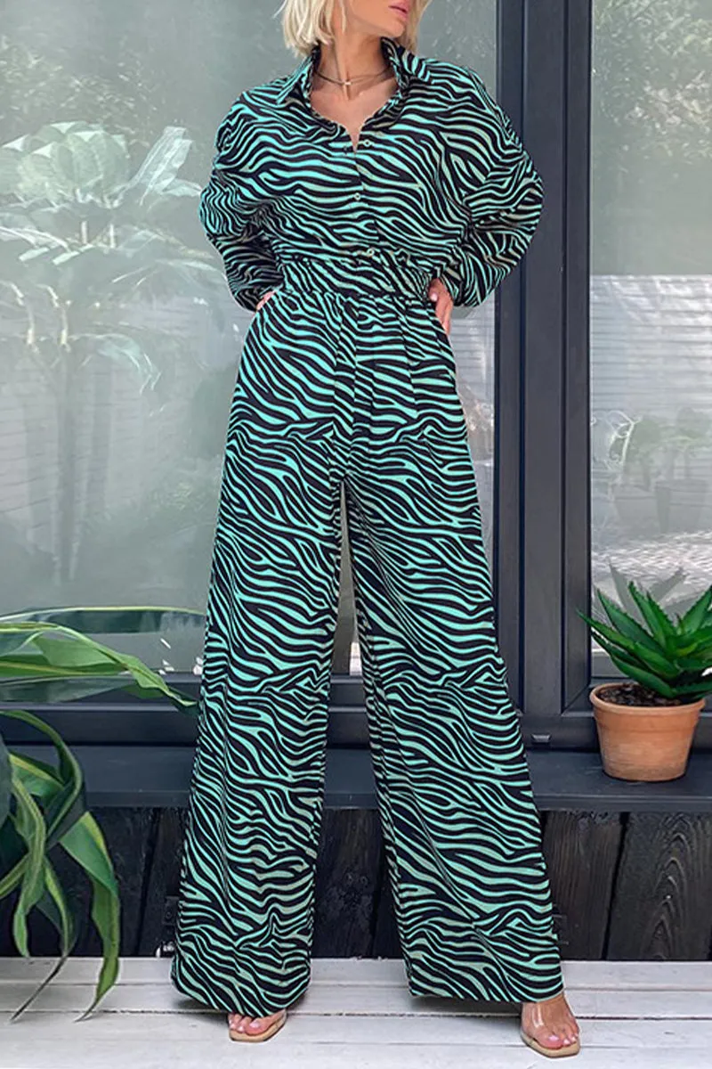 Casual Print Printing Turndown Collar Loose Jumpsuits(5 Colors)