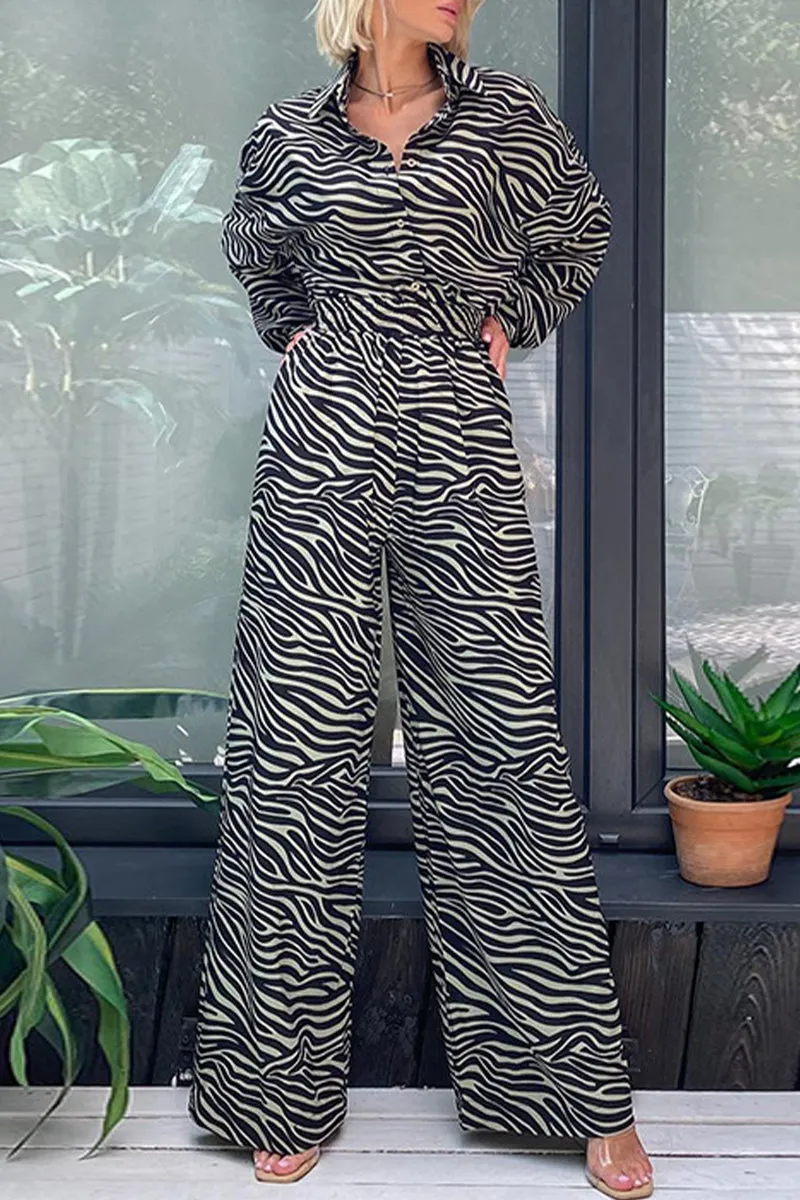 Casual Print Printing Turndown Collar Loose Jumpsuits(5 Colors)