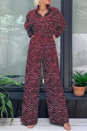 Casual Print Printing Turndown Collar Loose Jumpsuits(5 Colors)