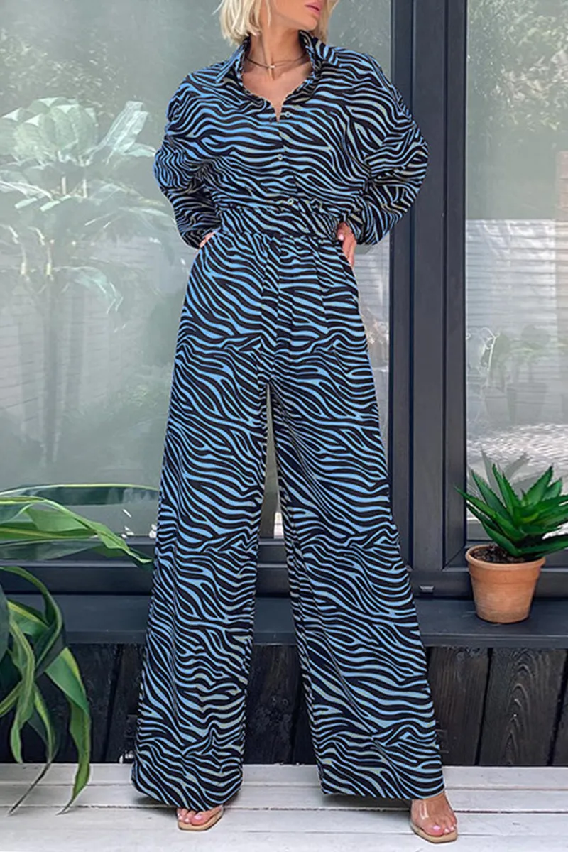 Casual Print Printing Turndown Collar Loose Jumpsuits(5 Colors)